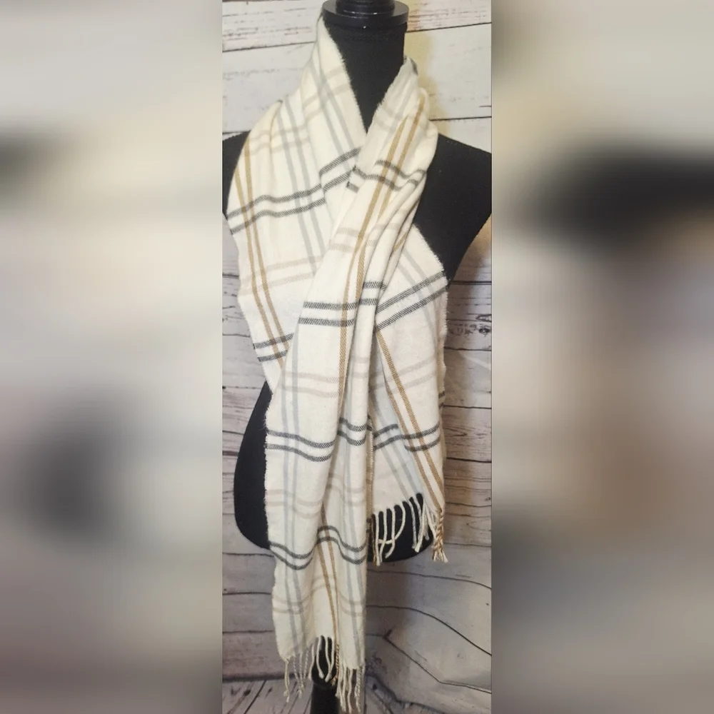 Plaid White and Tan Scarf With Fringe Edge #1760